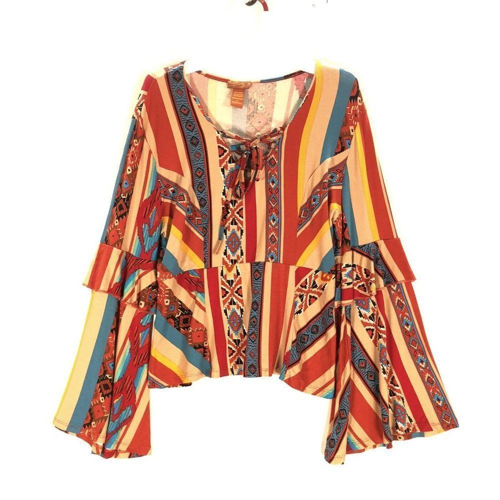 Scully Shirt Womens XS Red Multi L/S Aztec Serape Tunic Lace Up Bold Colors Tags
